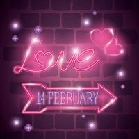 etichetta 14 febbraio in luce al neon, giorno di San Valentino vettore