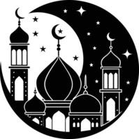 un' nero e bianca silhouette di un' moschea con un' mezzaluna Luna vettore