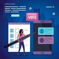 poster di voto online con donna d'affari e smartphone vettore