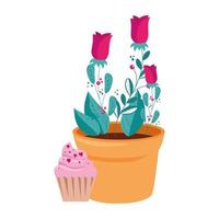 fiore di rosa in pianta in vaso con cupcake vettore