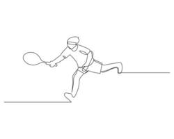 uno continuo linea disegno di giovane maschio badminton giocatore difesa per hold avversario colpo. competitivo sport concetto. dinamico singolo linea disegnare design illustrazione per torneo incontro promozione manifesto vettore