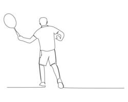 singolo continuo linea disegno di giovane agile badminton giocatore aspettare per avversario servire. competitivo sport concetto. di moda uno linea disegnare design illustrazione per badminton torneo pubblicazione vettore