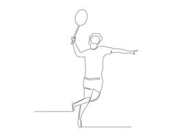 singolo continuo linea disegno di giovane agile badminton giocatore dare far cadere tiro colpire per avversario. sport concetto. di moda uno linea disegnare design illustrazione per badminton torneo pubblicazione media vettore