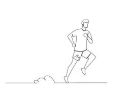 continuo singolo linea disegno di lato Visualizza uomini inizio jogging utilizzando auricolari. salutare sport formazione concetto. design illustrazione vettore