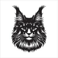 Maine coon gatto viso illustrazione nel nero e bianca vettore