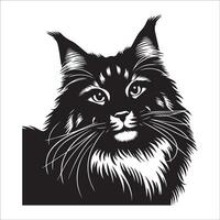 Maine coon gatto - amichevole Maine coon gatto viso illustrazione nel nero e bianca vettore