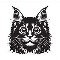 innocente Maine coon gatto viso illustrazione nel nero e bianca vettore