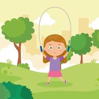 bambina carina che salta la corda nel paesaggio del parco vettore