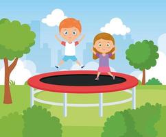 simpatici bambini nel gioco del salto sul trampolino vettore