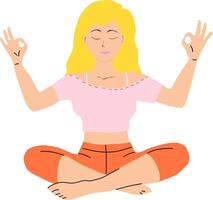 affascinante bionda donna nel meditazione posa. arancia parte inferiore e rosa superiore. il dita siamo piegato nel posto di il indice dito e pollice. illustrazione yoga ragazza con chiuso occhi nel un' seduto loto vettore
