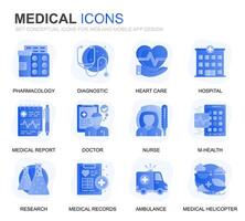 moderno impostato assistenza sanitaria e medico pendenza piatto icone per sito web e mobile app. contiene come icone come ambulanza, primo aiuto, ricerca, Ospedale. concettuale colore piatto icona. pittogramma pacchetto. vettore