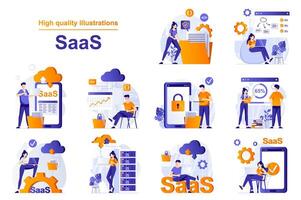 saas ragnatela concetto con persone scene impostato nel piatto stile. fascio di utilizzando programmi con sottoscrizione, nube in lavorazione, nube Conservazione, Software come un' servizio. illustrazione con personaggio design vettore