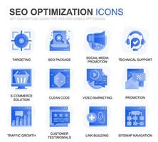 moderno impostato SEO e ragnatela ottimizzazione pendenza piatto icone per sito web e mobile app. contiene come icone come obbiettivo, marketing, traffico crescita. concettuale colore piatto icona. pittogramma pacchetto. vettore