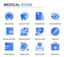 moderno impostato assistenza sanitaria e medico pendenza piatto icone per sito web e mobile app. contiene come icone come ambulanza, primo aiuto, ricerca, Ospedale. concettuale colore piatto icona. pittogramma pacchetto. vettore