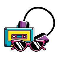 musica su cassetta con occhiali da sole e auricolare icona in stile pop art vettore