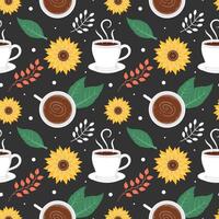 caffè tempo senza soluzione di continuità modello design con cacao fagioli, cereali e brocca nel cartone animato piatto illustrazione vettore