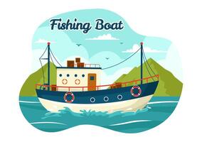 pesca barca illustrazione con pescatori a caccia pesce utilizzando nave a mare nel piatto cartone animato sfondo design vettore