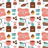 caffè tempo senza soluzione di continuità modello design con cacao fagioli, cereali e brocca nel cartone animato piatto illustrazione vettore