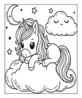 semplice unicorno colorazione pagina con unicorno e nube vettore