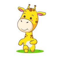 carino giraffa in esecuzione cartone animato carattere. adorabile kawaii animali concetto design. mano disegnato stile illustrazione. isolato bianca sfondo. vettore