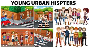 Scene di città e giovani hipster urbani vettore