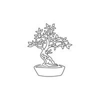una linea continua che disegna bellezza e un albero bonsai esotico per la stampa di poster artistici per la decorazione della parete di casa. antica pianta bonsai in vaso decorativa per il logo del negozio di piante. illustrazione vettoriale di disegno a linea singola