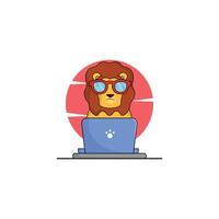 carino animale Leone cartone animato Lavorando a il computer portatile illustrazione animale tecnologia concetto premio piatto cartone animato vettore