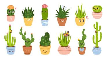 carino cactus. cartone animato cactus, succulente o cactus pianta personaggi nel pentole. messicano spinoso impianti con divertente facce e emozione. divertimento casa cactus adesivi e distintivi. impostato vettore