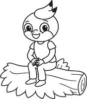 ragazzo seduta su un' tronco d'albero, nero e bianca illustrazione, colorazione libro vettore