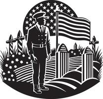 americano bandiera con silhouette di soldato su il sfondo. 4 ° di luglio vettore