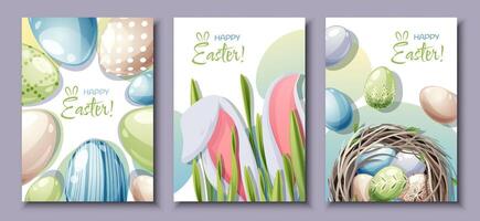 impostato di saluto carte per Pasqua. manifesto, bandiera con Pasqua coniglietto e uova nel il nido. primavera tempo vettore