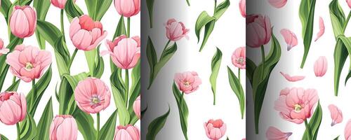 impostato di senza soluzione di continuità modelli con primavera fiori. struttura con rosa tulipani e petali. grafica. grande per sfondo, tessuto, carte vettore