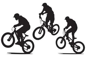 silhouette ciclisti bicicletta salto piloti su bianca sfondo vettore