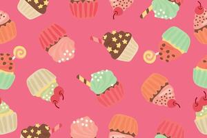 senza soluzione di continuità modello con dolce cupcakes su un' rosa sfondo. dolce pasticcini con vario decorazioni illustrazione. vettore