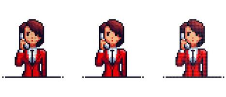 pixel arte personaggio Tenere Telefono indossare rosso completo da uomo con legare, ufficio lavoratore. vettore