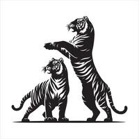 Due tigri su loro posteriore gambe, nero colore silhouette vettore