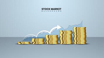 crescente finanziario investimento concetto con pile di 3d oro monete. azione mercato crescita illustrazione per finanziario attività commerciale e commercio visualizzazione vettore