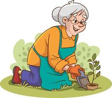 illustrazione di vecchio donna piantare fiori vettore