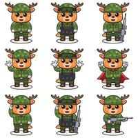 carino cervo soldato nel camuffare uniforme. cartone animato divertente cervo soldato personaggio con casco e verde uniforme nel diverso posizioni. divertente animale illustrazione impostare. vettore