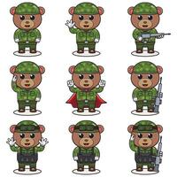 carino orso soldato nel camuffare uniforme. cartone animato divertente orso soldato personaggio con casco e verde uniforme nel diverso posizioni. divertente animale illustrazione impostare. vettore