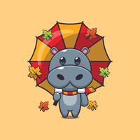 carino ippopotamo con ombrello a autunno stagione. vettore