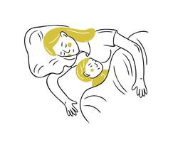 abbozzato disegno di addormentato donna con bambino nel letto. schema piatto scarabocchio composizione isolato su bianca sfondo. Salute cura e addormentato insieme concetto per logo vettore