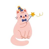 carino gatto procedura guidata con Magia bacchetta magica e cappello. mano disegnato illustrazione. vettore