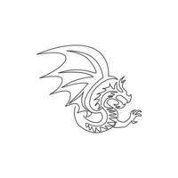 un disegno a tratteggio continuo del drago creatura mitologica per l'identità del logo aziendale. fantasia volante dinosauri mascotte animale concetto per tribale decorativo. illustrazione vettoriale di disegno a linea singola