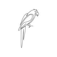 disegno a linea continua di un pappagallo intelligente e divertente per l'identità del logo aziendale. concetto di mascotte animale volante per l'icona del club amante degli animali domestici. illustrazione grafica vettoriale moderna di disegno di una linea di disegno