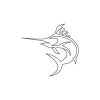 un disegno a tratteggio continuo di un grande marlin selvatico per l'identità del logo dell'azienda marina. saltando il concetto di mascotte di pesce per l'icona della competizione di pesca. illustrazione grafica vettoriale di disegno di disegno a linea singola