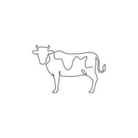 una singola linea di disegno di mucca grassa per l'identità del logo di allevamento. concetto di mascotte animale mammifero per icona di bestiame. grafica di illustrazione vettoriale di disegno di disegno di linea continua