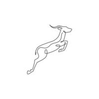 un disegno a tratteggio continuo di un'adorabile antilope che salta per l'identità del logo aziendale. concetto di mascotte gazzella agile cornuta per l'icona del parco safari. illustrazione vettoriale di disegno grafico di disegno a linea singola