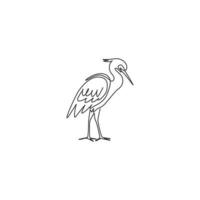 un disegno a tratteggio continuo di un simpatico airone in piedi per l'identità del logo aziendale. concetto di mascotte uccello costiero per l'icona del parco nazionale. illustrazione grafica vettoriale di design moderno a linea singola
