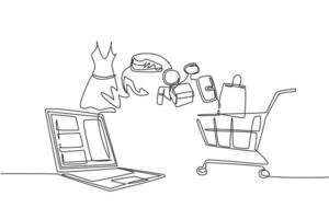 laptop con disegno a una sola linea e carrello della spesa con prodotti acquistati online. e-commerce e marketing digitale. ordine al concetto di carrello. illustrazione vettoriale grafica di disegno di disegno di linea continua moderna